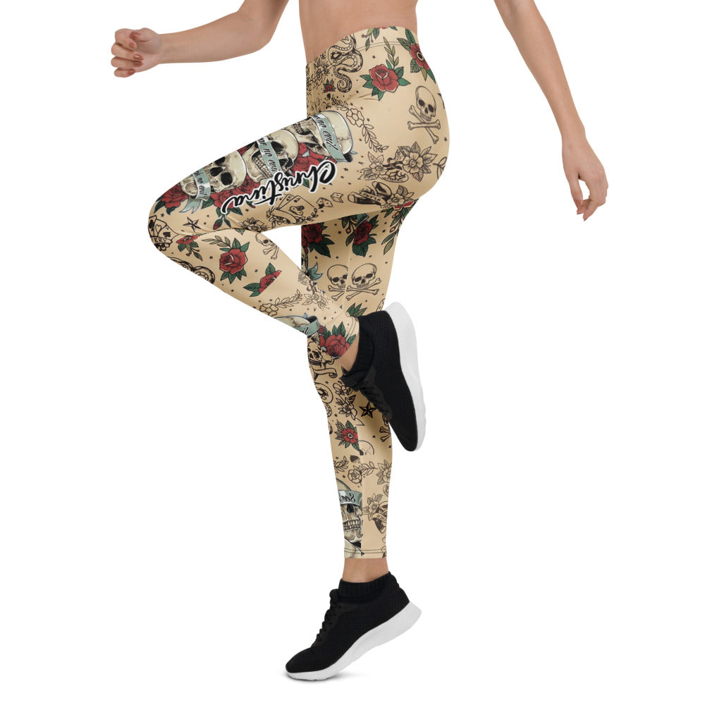 Personalisierte Damen Sportleggings Tattoo Design Totenkopf Rosen Beige Fitness Leggings Old School Style C767