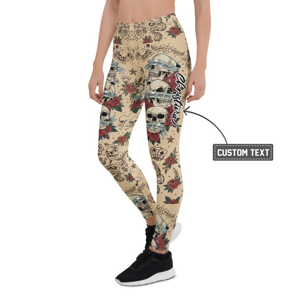 Personalisierte Damen Sportleggings Tattoo Design Totenkopf Rosen Beige Fitness Leggings Old School Style C767 - XL