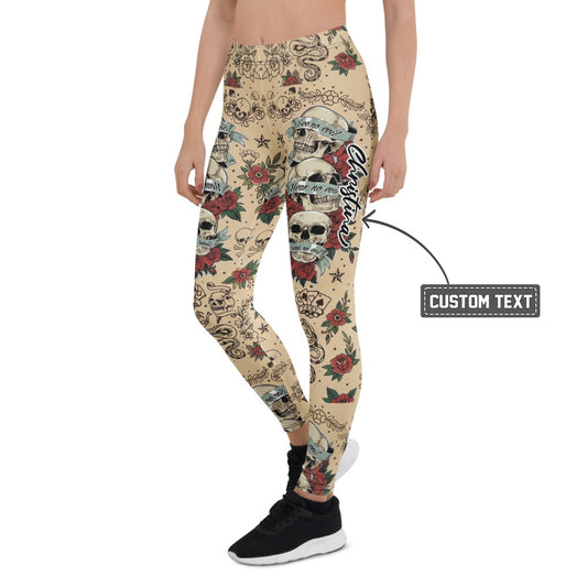 Personalisierte Damen Sportleggings Tattoo Design Totenkopf Rosen Beige Fitness Leggings Old School Style C767 - XL