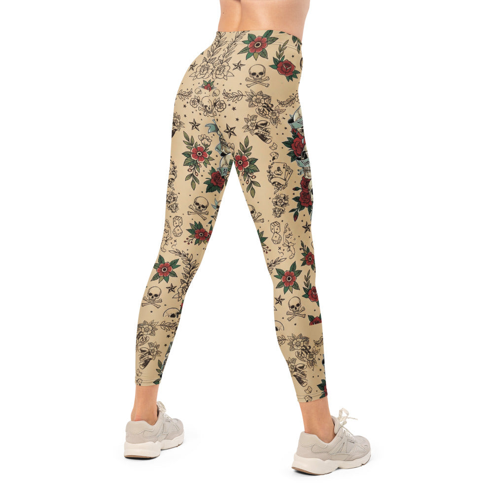 Personalisierte Damen Sportleggings Tattoo Design Totenkopf Rosen Beige Fitness Leggings Old School Style C767