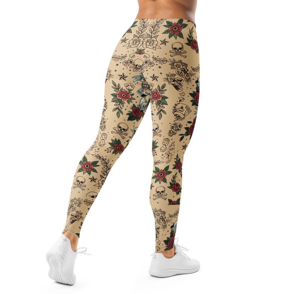Personalisierte Damen Sportleggings Tattoo Design Totenkopf Rosen Beige Fitness Leggings Old School Style C767