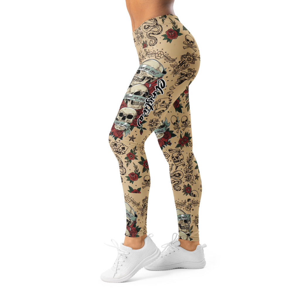 Personalisierte Damen Sportleggings Tattoo Design Totenkopf Rosen Beige Fitness Leggings Old School Style C767