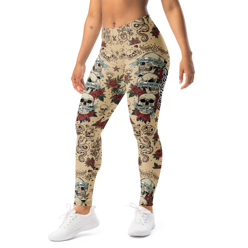 Personalisierte Damen Sportleggings Tattoo Design Totenkopf Rosen Beige Fitness Leggings Old School Style C767