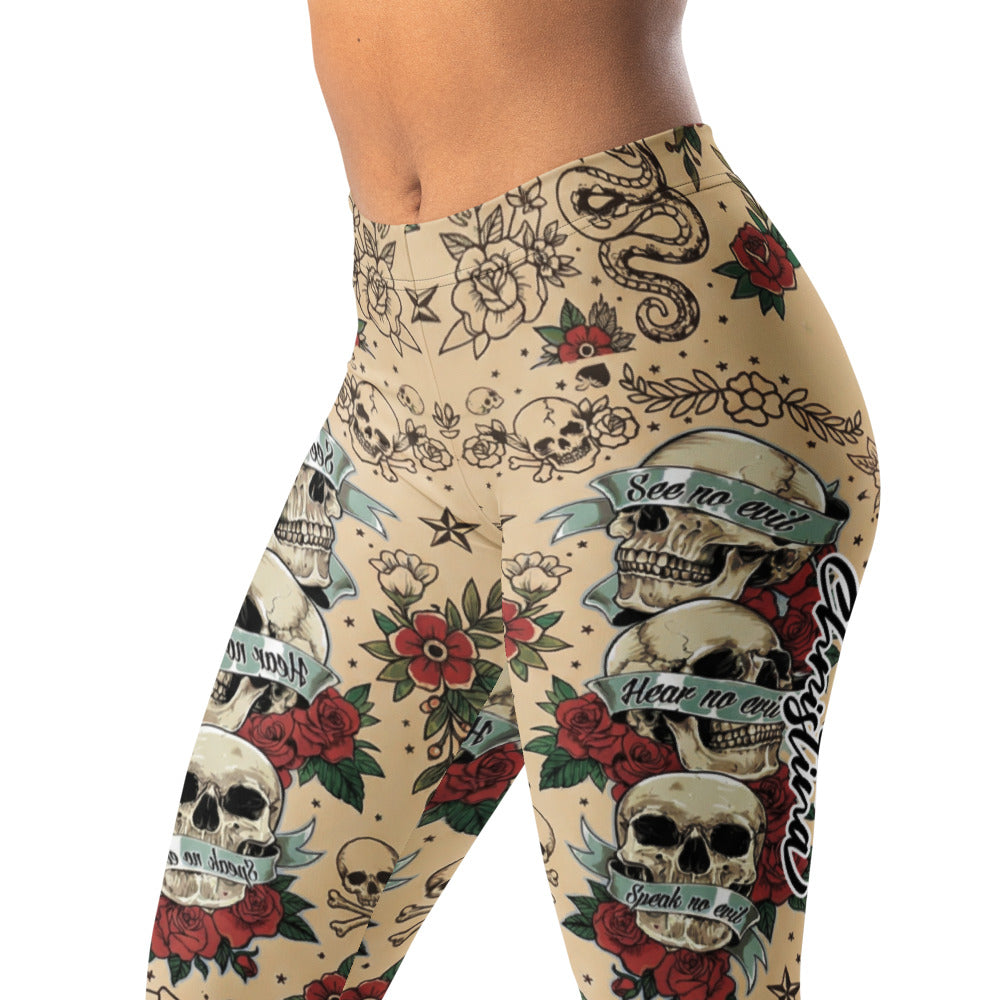 Personalisierte Damen Sportleggings Tattoo Design Totenkopf Rosen Beige Fitness Leggings Old School Style C767