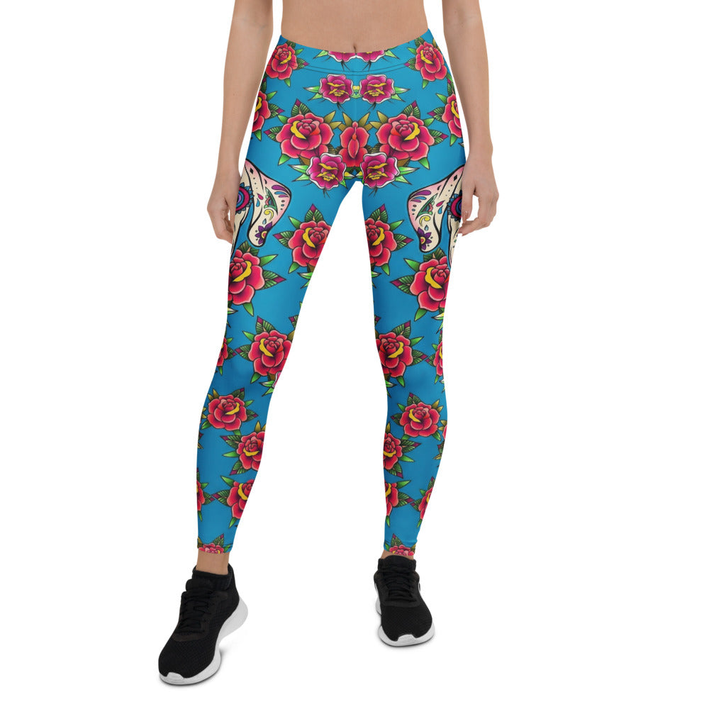 Personalisierte Damen Sportleggings Blau Rosen Tattoo Design Sugar Skull Fitness Leggings G730