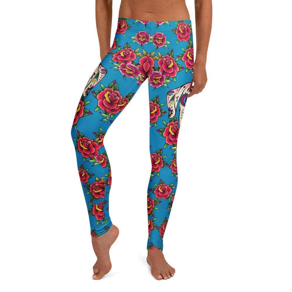 Personalisierte Damen Sportleggings Blau Rosen Tattoo Design Sugar Skull Fitness Leggings G730