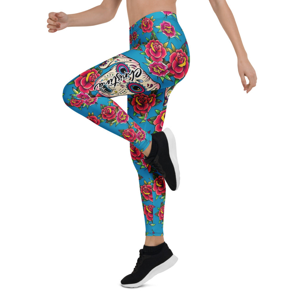 Personalisierte Damen Sportleggings Blau Rosen Tattoo Design Sugar Skull Fitness Leggings G730