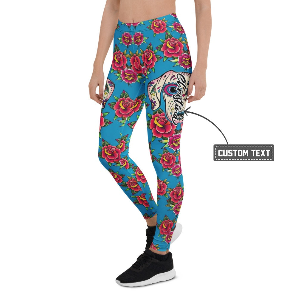 Personalisierte Damen Sportleggings Blau Rosen Tattoo Design Sugar Skull Fitness Leggings G730 - XL