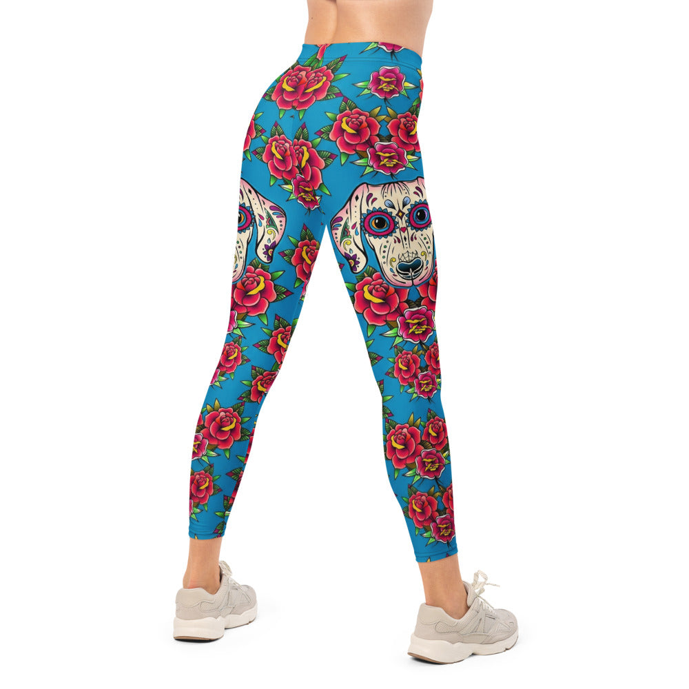 Personalisierte Damen Sportleggings Blau Rosen Tattoo Design Sugar Skull Fitness Leggings G730