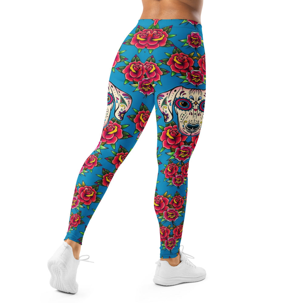 Personalisierte Damen Sportleggings Blau Rosen Tattoo Design Sugar Skull Fitness Leggings G730