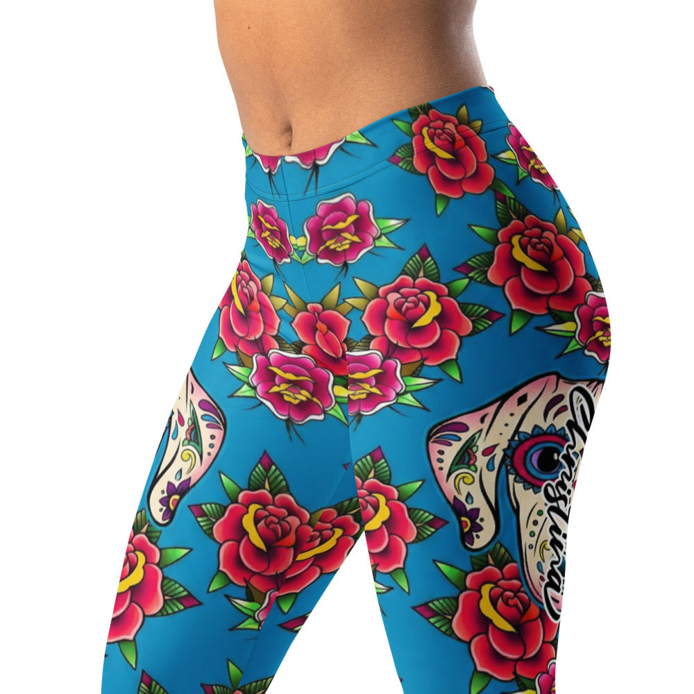 Personalisierte Damen Sportleggings Blau Rosen Tattoo Design Sugar Skull Fitness Leggings G730