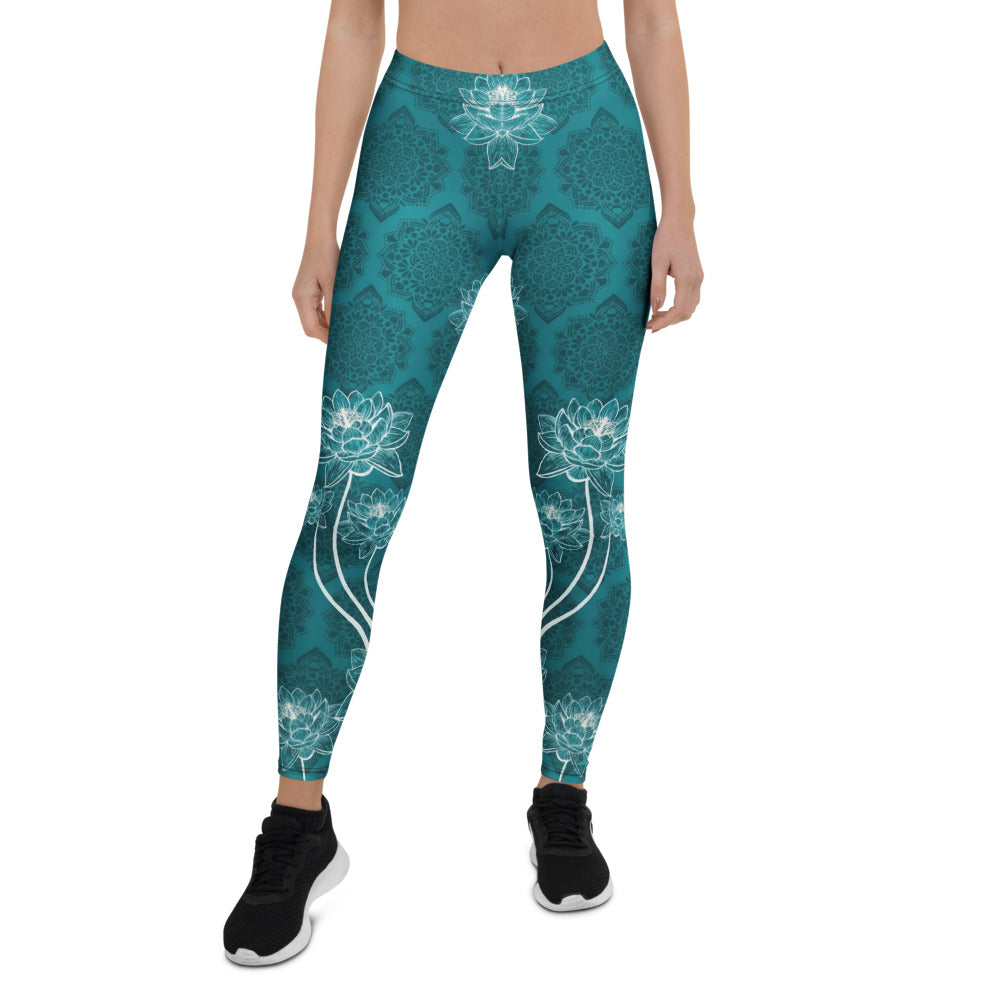 Personalisierte Damen Sportleggings Petrol Lotusblüten Mandala Design Yoga Fitness Leggings B384