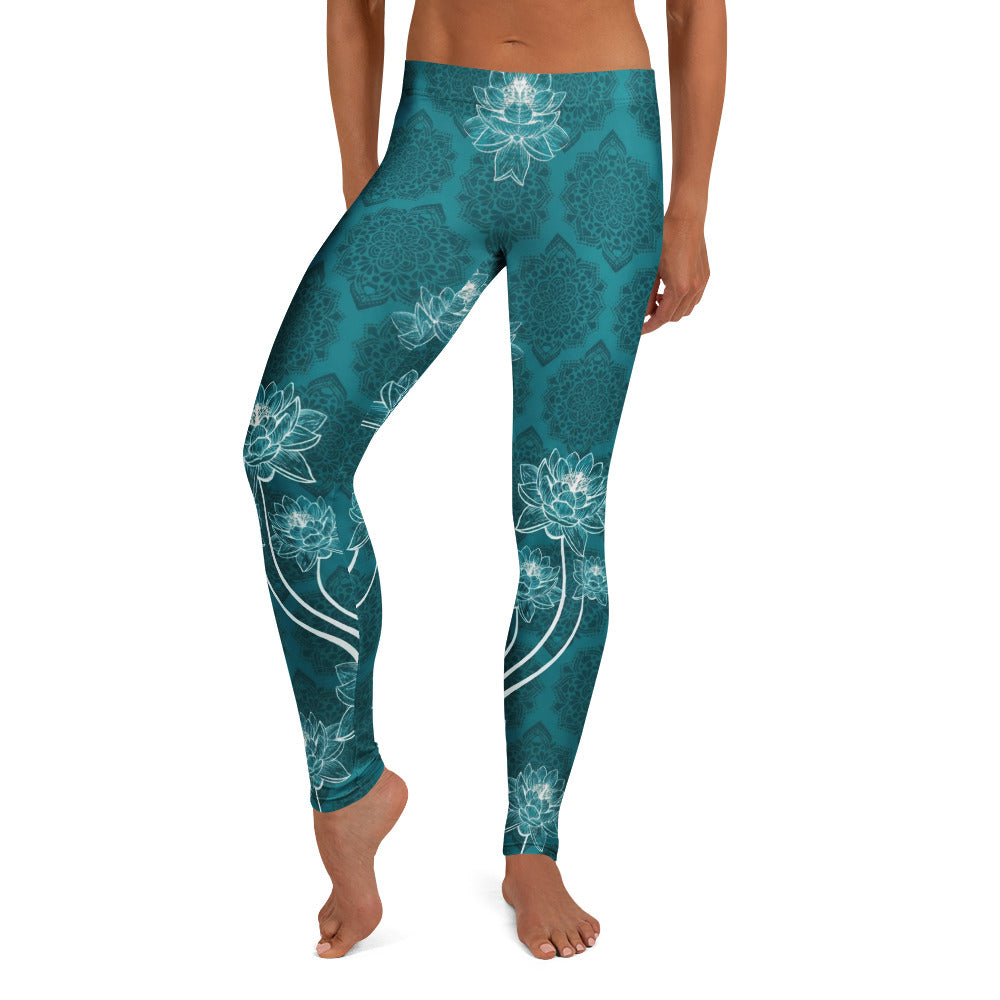 Personalisierte Damen Sportleggings Petrol Lotusblüten Mandala Design Yoga Fitness Leggings B384
