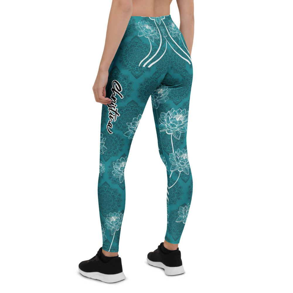 Personalisierte Damen Sportleggings Petrol Lotusblüten Mandala Design Yoga Fitness Leggings B384