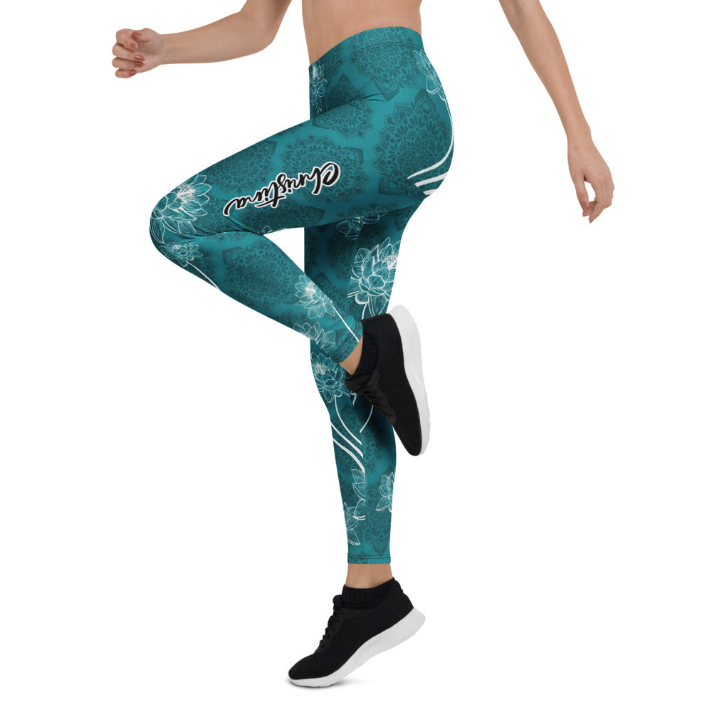 Personalisierte Damen Sportleggings Petrol Lotusblüten Mandala Design Yoga Fitness Leggings B384