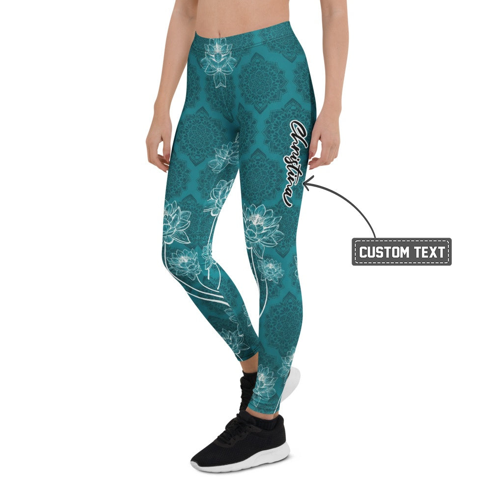 Personalisierte Damen Sportleggings Petrol Lotusblüten Mandala Design Yoga Fitness Leggings B384 - XL