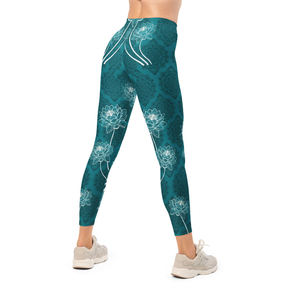 Personalisierte Damen Sportleggings Petrol Lotusblüten Mandala Design Yoga Fitness Leggings B384