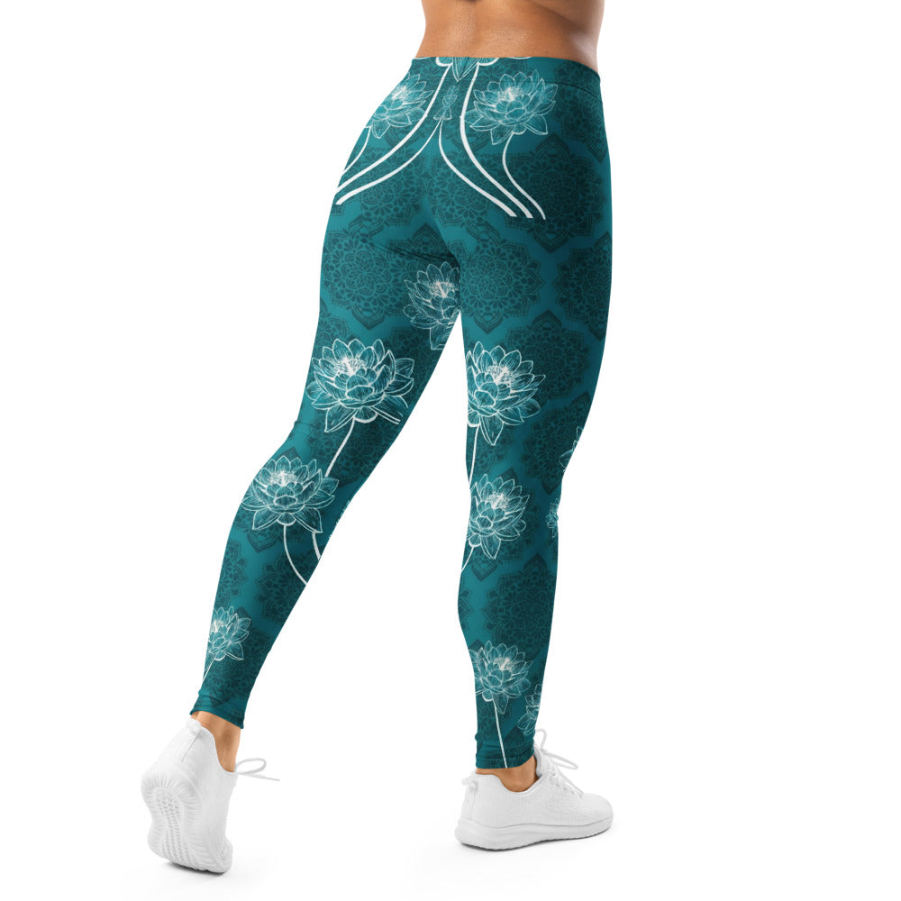 Personalisierte Damen Sportleggings Petrol Lotusblüten Mandala Design Yoga Fitness Leggings B384