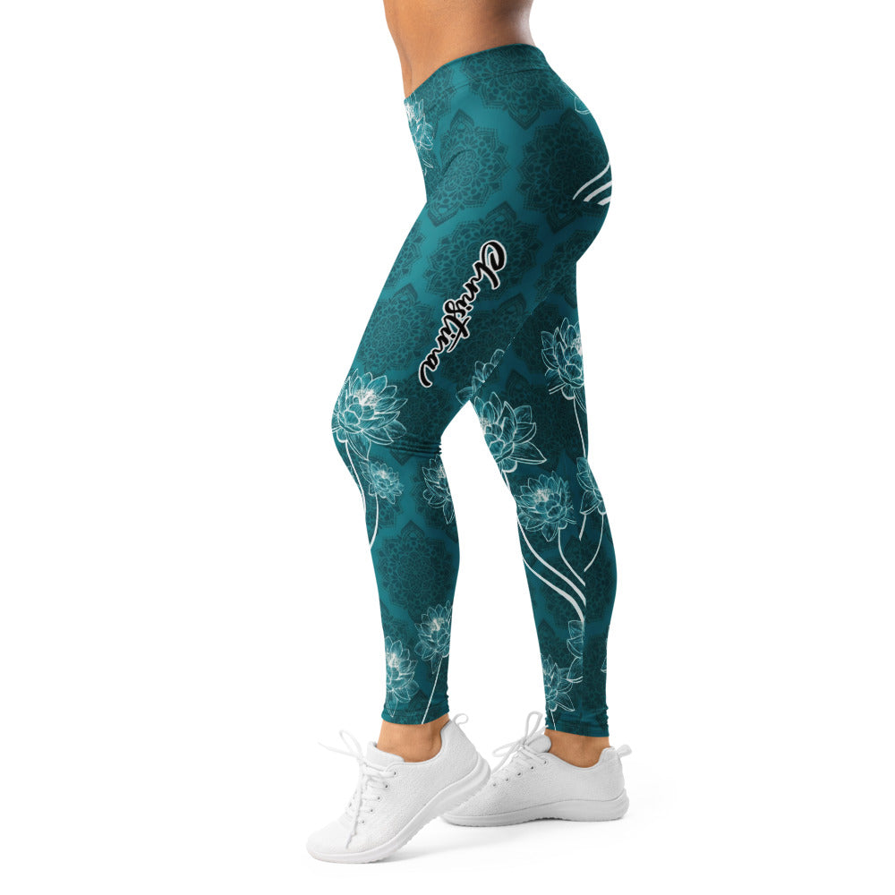 Personalisierte Damen Sportleggings Petrol Lotusblüten Mandala Design Yoga Fitness Leggings B384
