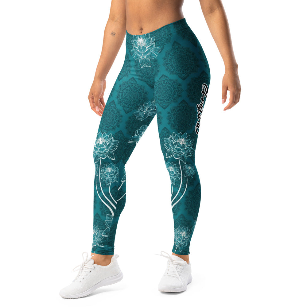 Personalisierte Damen Sportleggings Petrol Lotusblüten Mandala Design Yoga Fitness Leggings B384