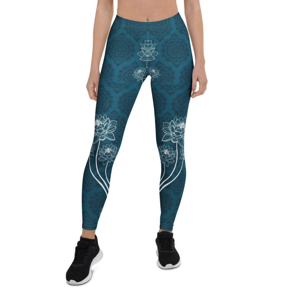 Personalisierte Yoga Leggings Damen Petrol Blau Lotusblüten & Mandala Design Fitnesshose Sportleggings F566