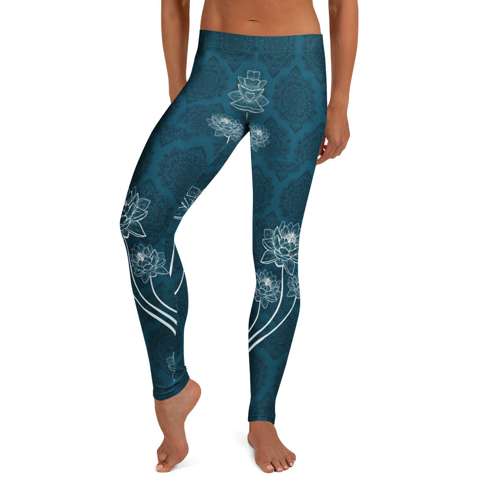 Personalisierte Yoga Leggings Damen Petrol Blau Lotusblüten & Mandala Design Fitnesshose Sportleggings F566
