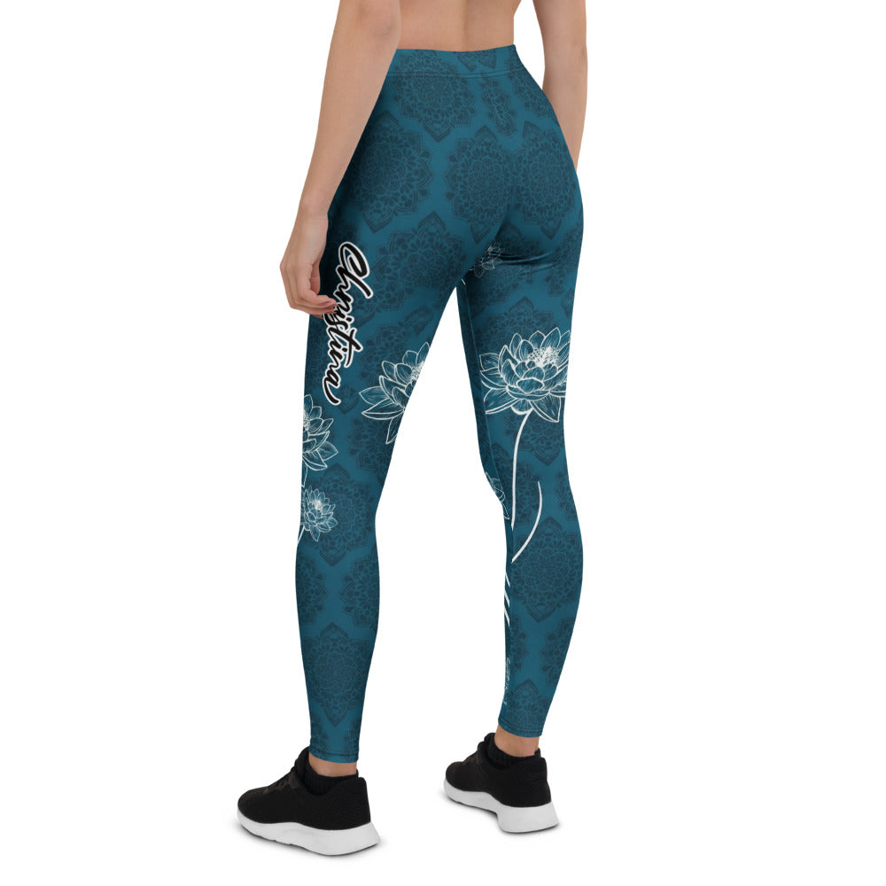 Personalisierte Yoga Leggings Damen Petrol Blau Lotusblüten & Mandala Design Fitnesshose Sportleggings F566