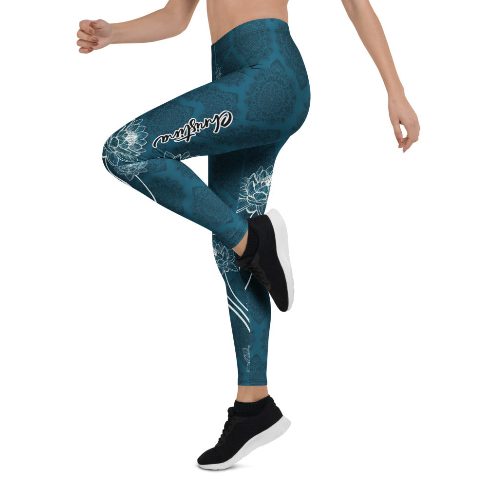 Personalisierte Yoga Leggings Damen Petrol Blau Lotusblüten & Mandala Design Fitnesshose Sportleggings F566