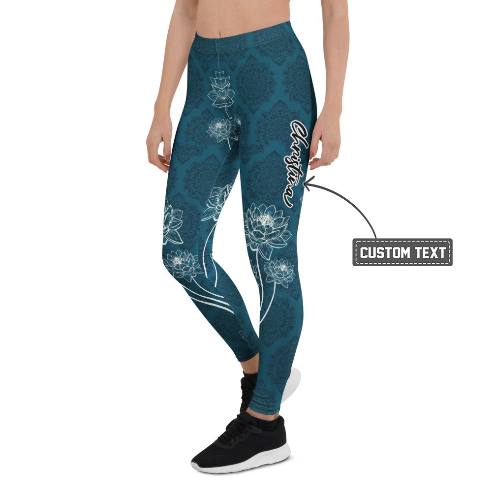 Personalisierte Yoga Leggings Damen Petrol Blau Lotusblüten & Mandala Design Fitnesshose Sportleggings F566 - XL