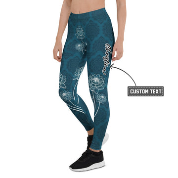 Personalisierte Yoga Leggings Damen Petrol Blau Lotusblüten & Mandala Design Fitnesshose Sportleggings F566 - XL