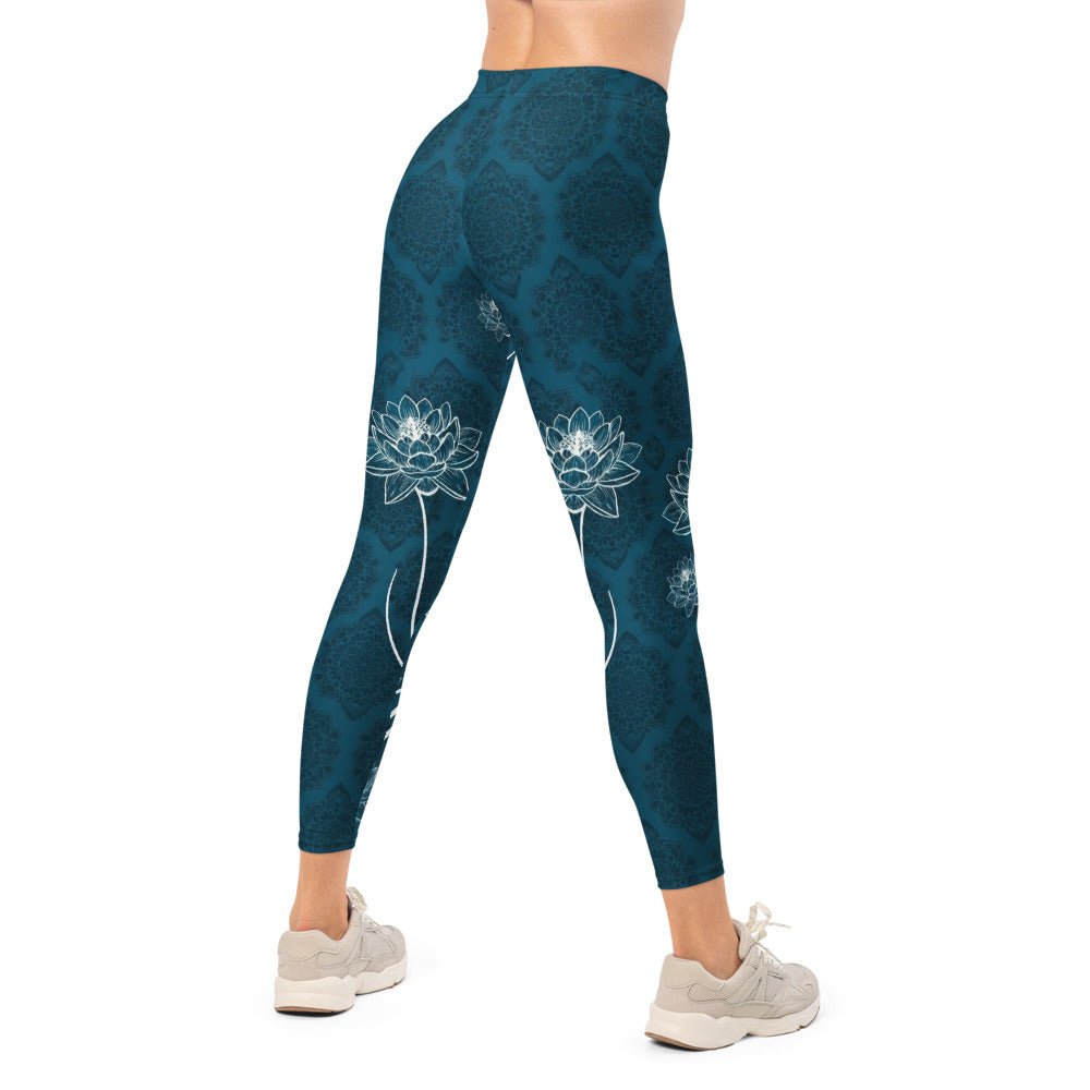 Personalisierte Yoga Leggings Damen Petrol Blau Lotusblüten & Mandala Design Fitnesshose Sportleggings F566