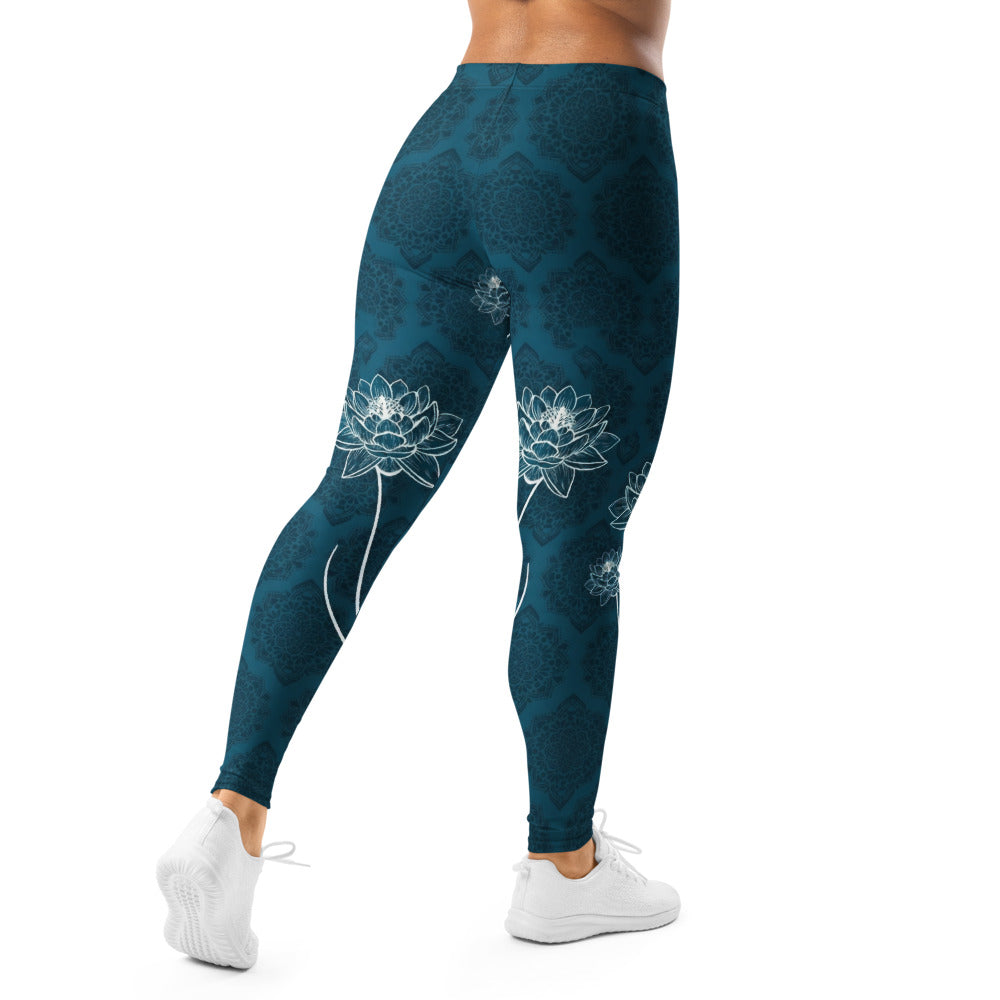 Personalisierte Yoga Leggings Damen Petrol Blau Lotusblüten & Mandala Design Fitnesshose Sportleggings F566