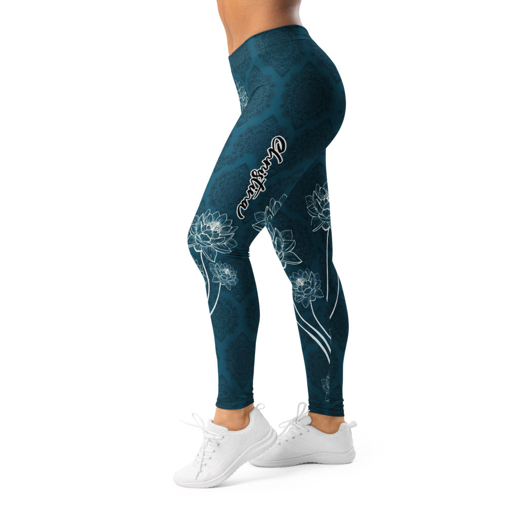 Personalisierte Yoga Leggings Damen Petrol Blau Lotusblüten & Mandala Design Fitnesshose Sportleggings F566
