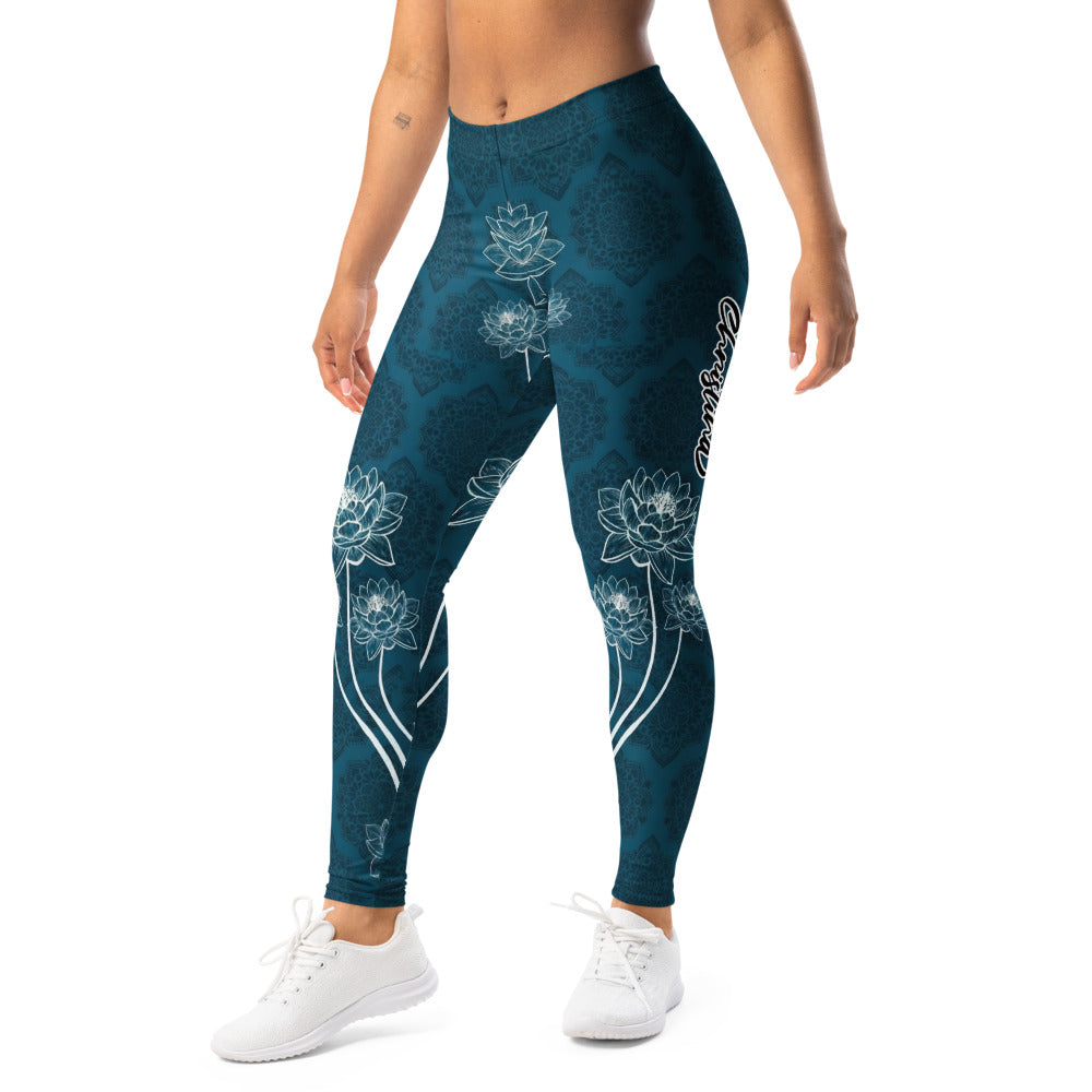 Personalisierte Yoga Leggings Damen Petrol Blau Lotusblüten & Mandala Design Fitnesshose Sportleggings F566