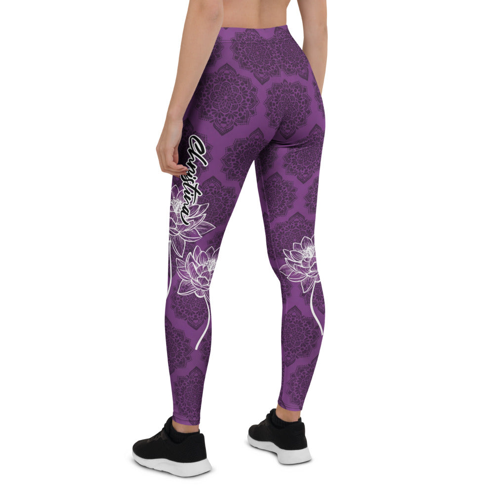 Personalisierte Damen Sportleggings Lila Mandala Design Lotusblüte Yoga Leggings Fitnesshose Q924