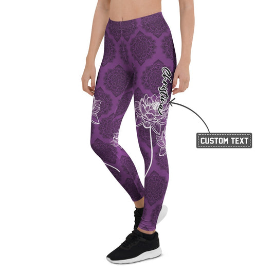 Personalisierte Damen Sportleggings Lila Mandala Design Lotusblüte Yoga Leggings Fitnesshose Q924 - XL