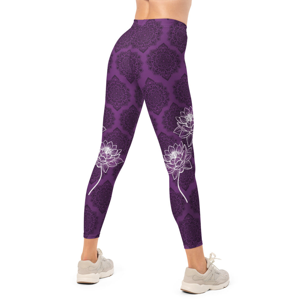 Personalisierte Damen Sportleggings Lila Mandala Design Lotusblüte Yoga Leggings Fitnesshose Q924