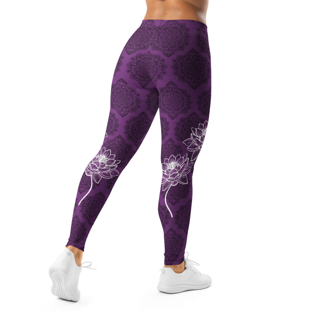 Personalisierte Damen Sportleggings Lila Mandala Design Lotusblüte Yoga Leggings Fitnesshose Q924