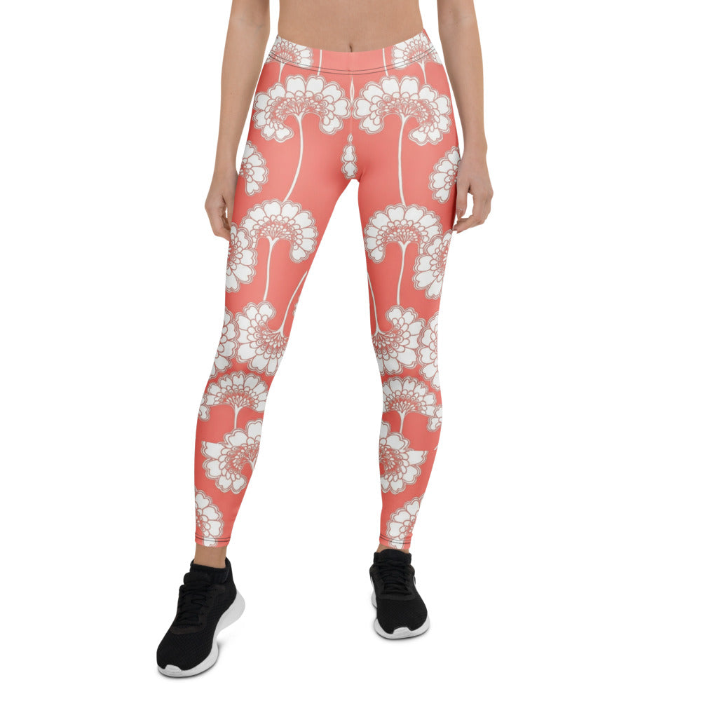 Personalisierte Sportleggings Damen Blumenmuster Koralle Weiß Fitness Leggings Yoga Hose R628