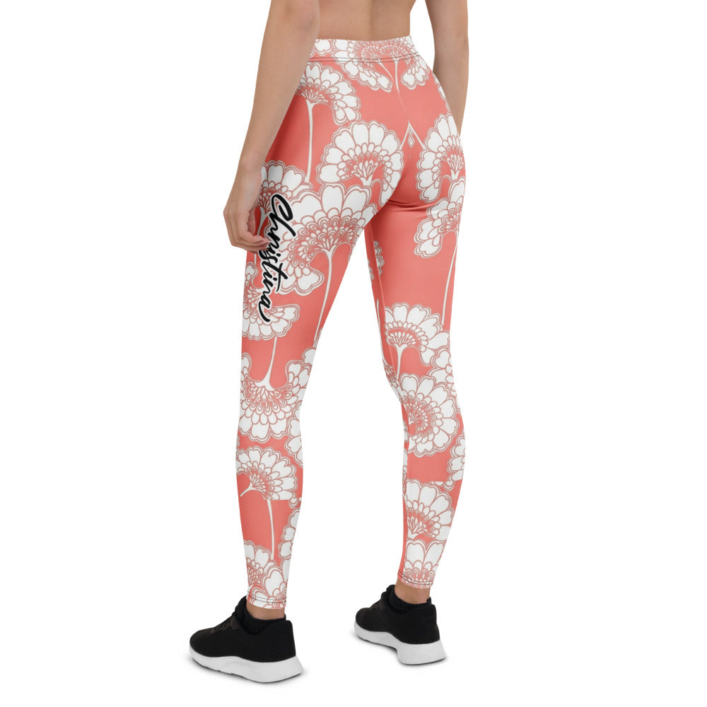 Personalisierte Sportleggings Damen Blumenmuster Koralle Weiß Fitness Leggings Yoga Hose R628