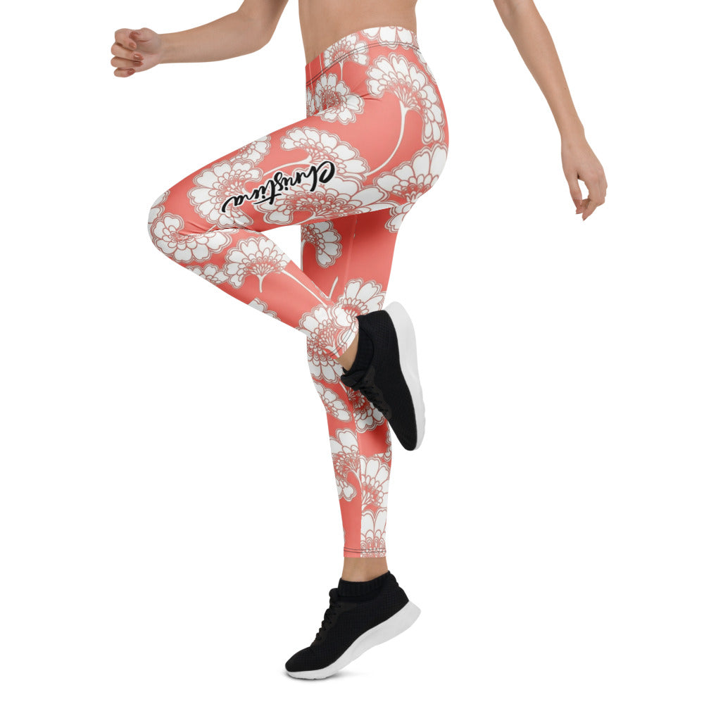 Personalisierte Sportleggings Damen Blumenmuster Koralle Weiß Fitness Leggings Yoga Hose R628