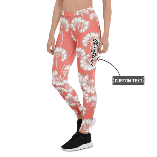 Personalisierte Sportleggings Damen Blumenmuster Koralle Weiß Fitness Leggings Yoga Hose R628 - XL