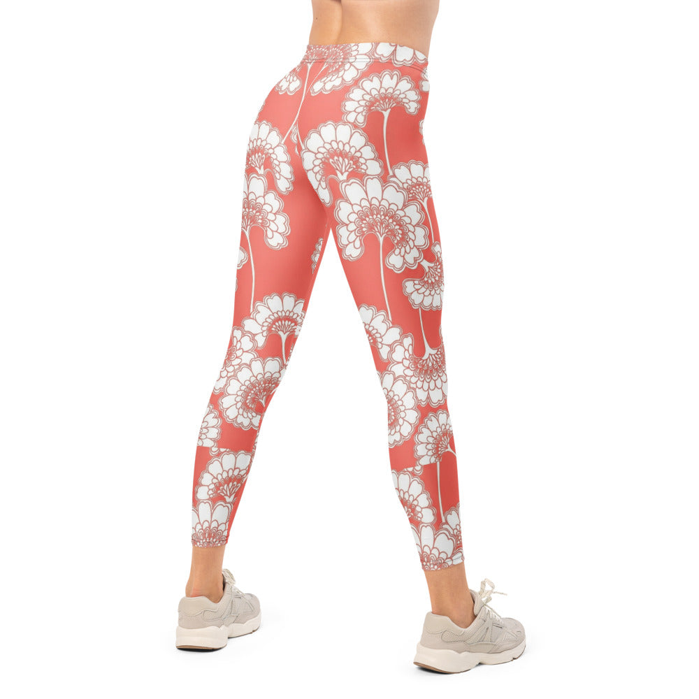 Personalisierte Sportleggings Damen Blumenmuster Koralle Weiß Fitness Leggings Yoga Hose R628