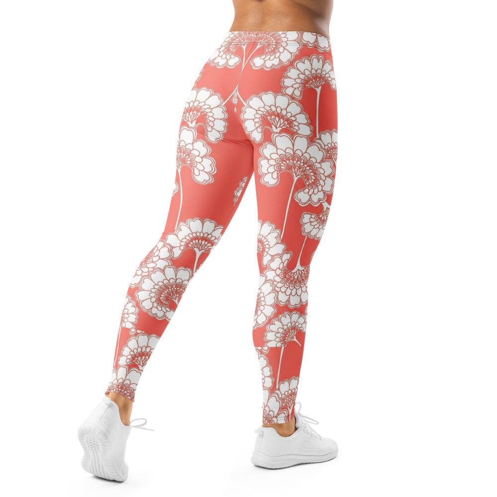 Personalisierte Sportleggings Damen Blumenmuster Koralle Weiß Fitness Leggings Yoga Hose R628