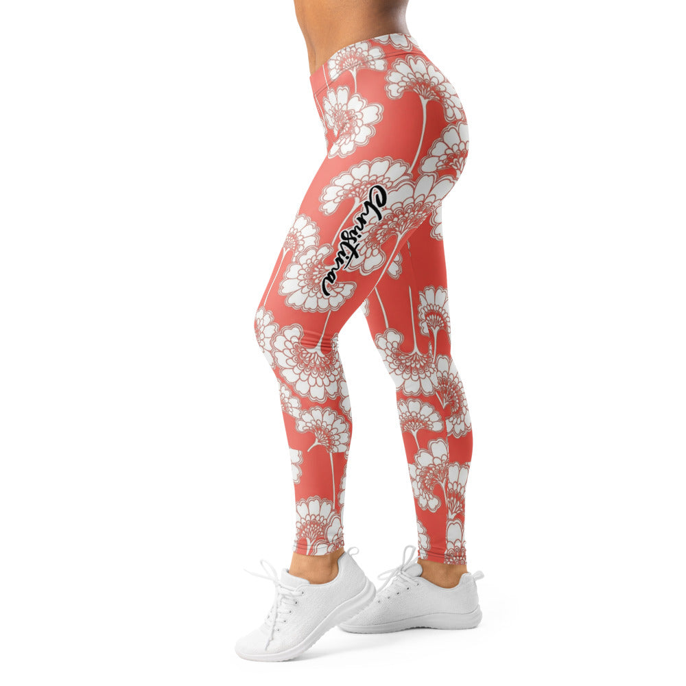 Personalisierte Sportleggings Damen Blumenmuster Koralle Weiß Fitness Leggings Yoga Hose R628