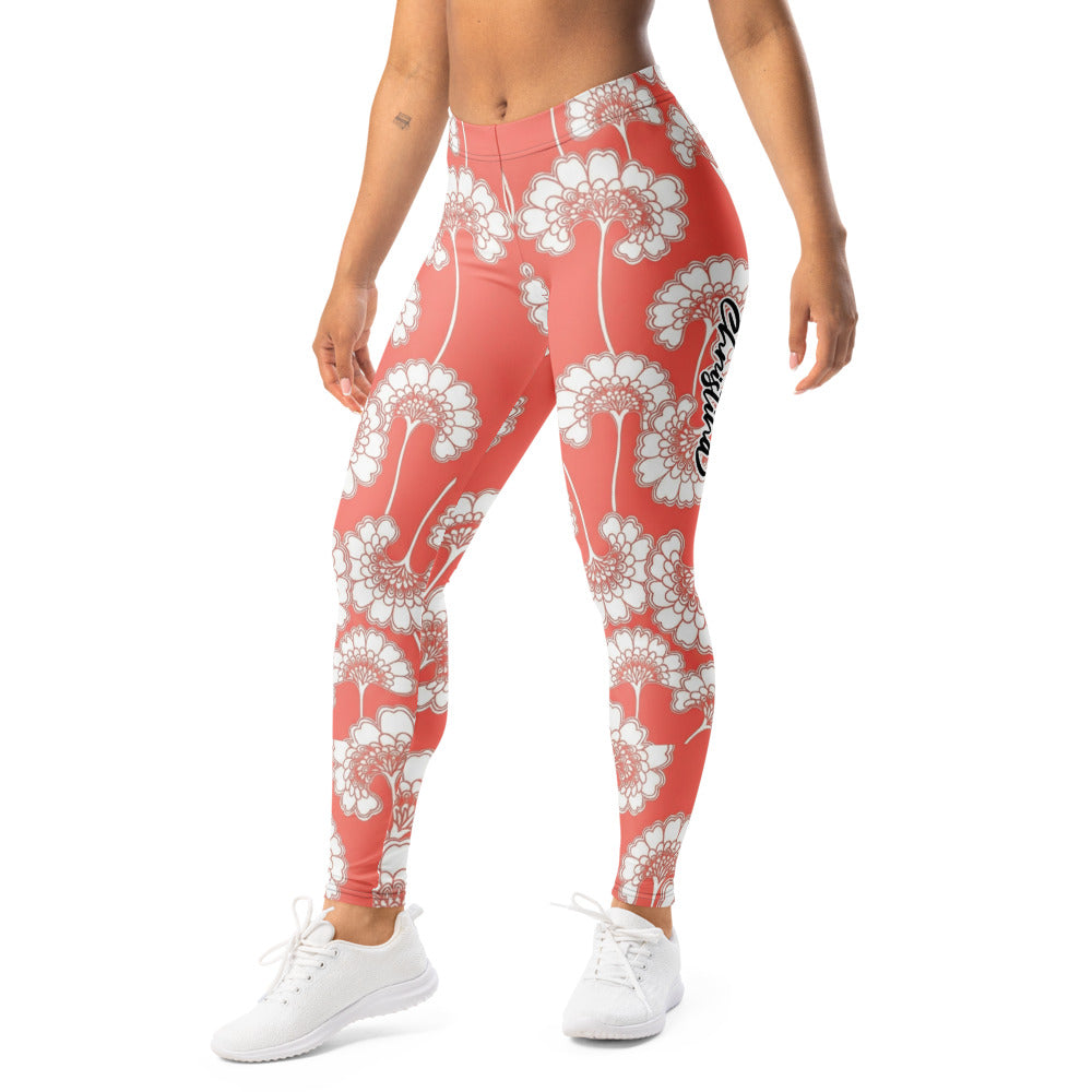 Personalisierte Sportleggings Damen Blumenmuster Koralle Weiß Fitness Leggings Yoga Hose R628