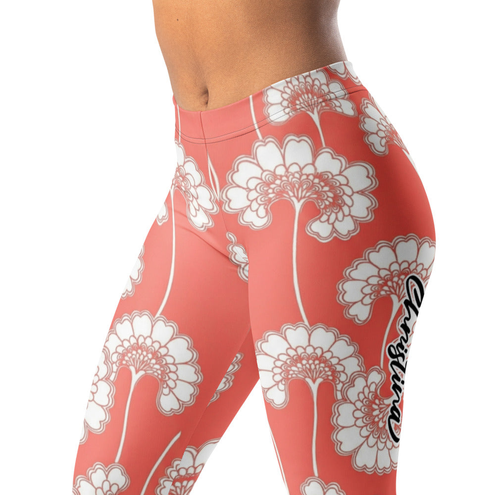 Personalisierte Sportleggings Damen Blumenmuster Koralle Weiß Fitness Leggings Yoga Hose R628