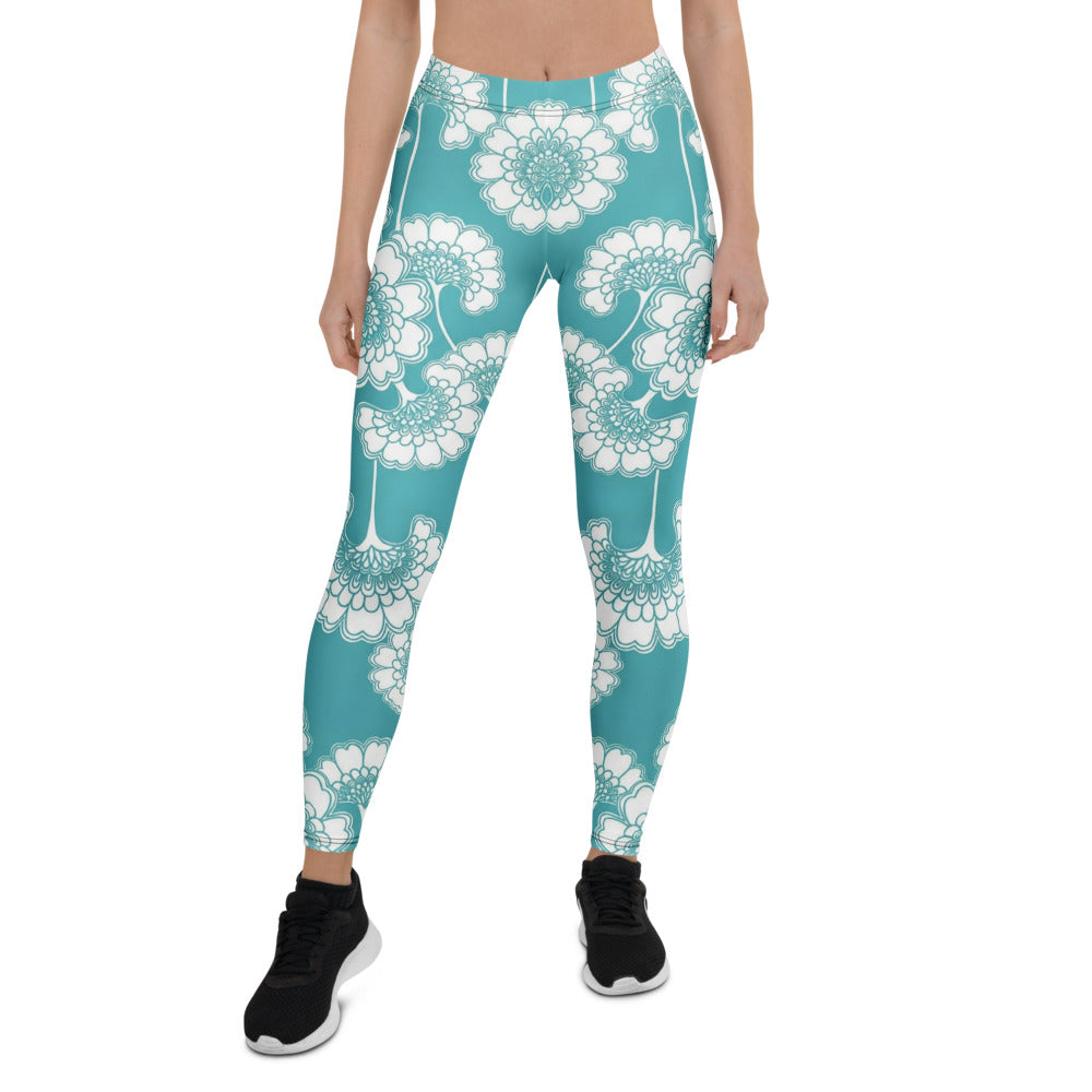 Personalisierte Damen Sportleggings Türkis Weiß Blumenmuster Fitness Yoga Leggings L057