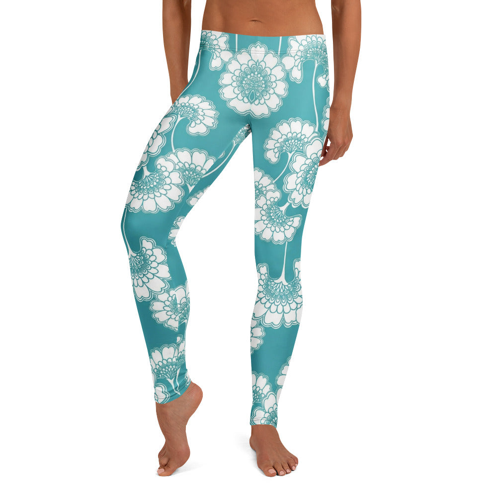 Personalisierte Damen Sportleggings Türkis Weiß Blumenmuster Fitness Yoga Leggings L057