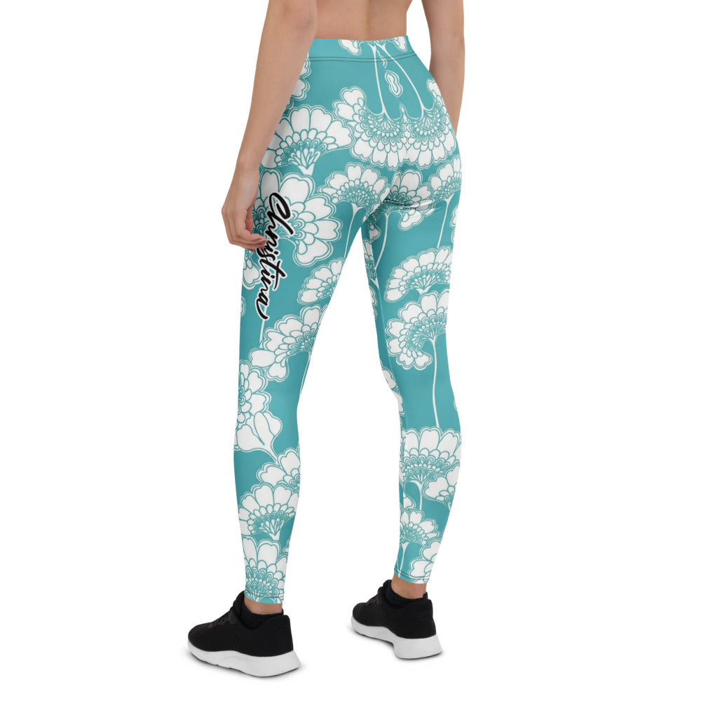 Personalisierte Damen Sportleggings Türkis Weiß Blumenmuster Fitness Yoga Leggings L057